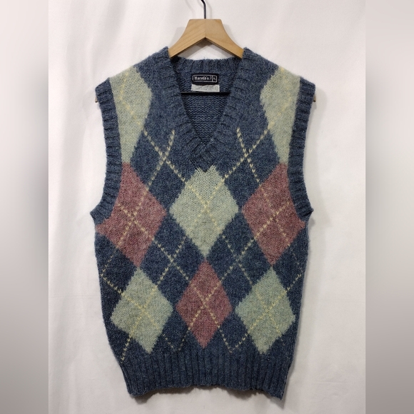 Vintage Harold's 100% Wool Plaid Sweater Vest Unisex S-L Blue Boho Retro Holiday - Picture 1 of 6